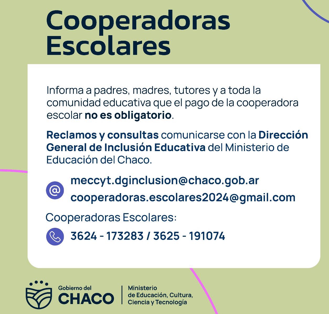 *EDUCACIÓN: EL PAGO DE LA COOPERADORA NO ES OBLIGATORIO Y LAS ESCUELAS NO DEBEN COBRAR POR LA INSCRIPCIÓN”*