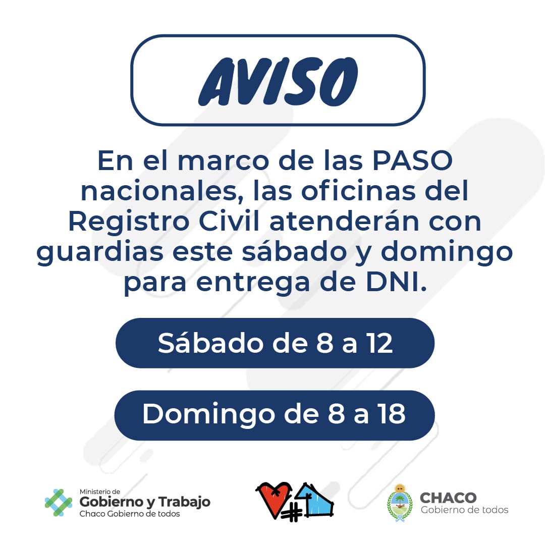 *P.A.S.O.: EL FIN DE SEMANA, EL REGISTRO CIVIL CONTARÁ CON GUARDIAS MÍNIMAS PARA LA ENTREGA DE DNI*