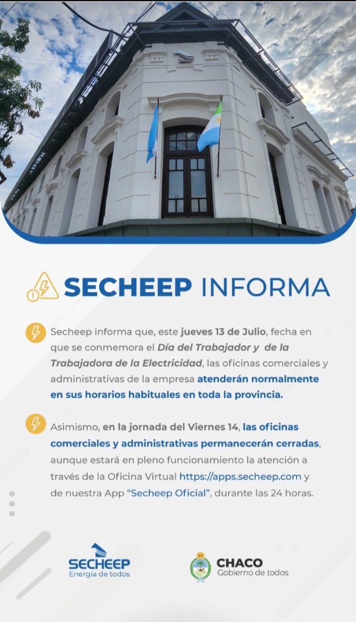 DÍA DEL TRABAJADOR DE LA ELECTRICIDAD: SECHEEP INFORMÓ HORARIOS Y VÍAS DE ATENCIÓN DEL JUEVES 13 Y VIERNES 14