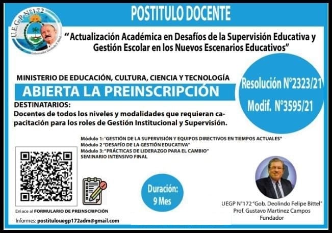 VILLA ANGELA: LA UEGP N°172 "GOB. DEOLINDO FELIPE BITTEL" INVITA A INSCRIBIRSE A POSTÍTULO DOCENTE