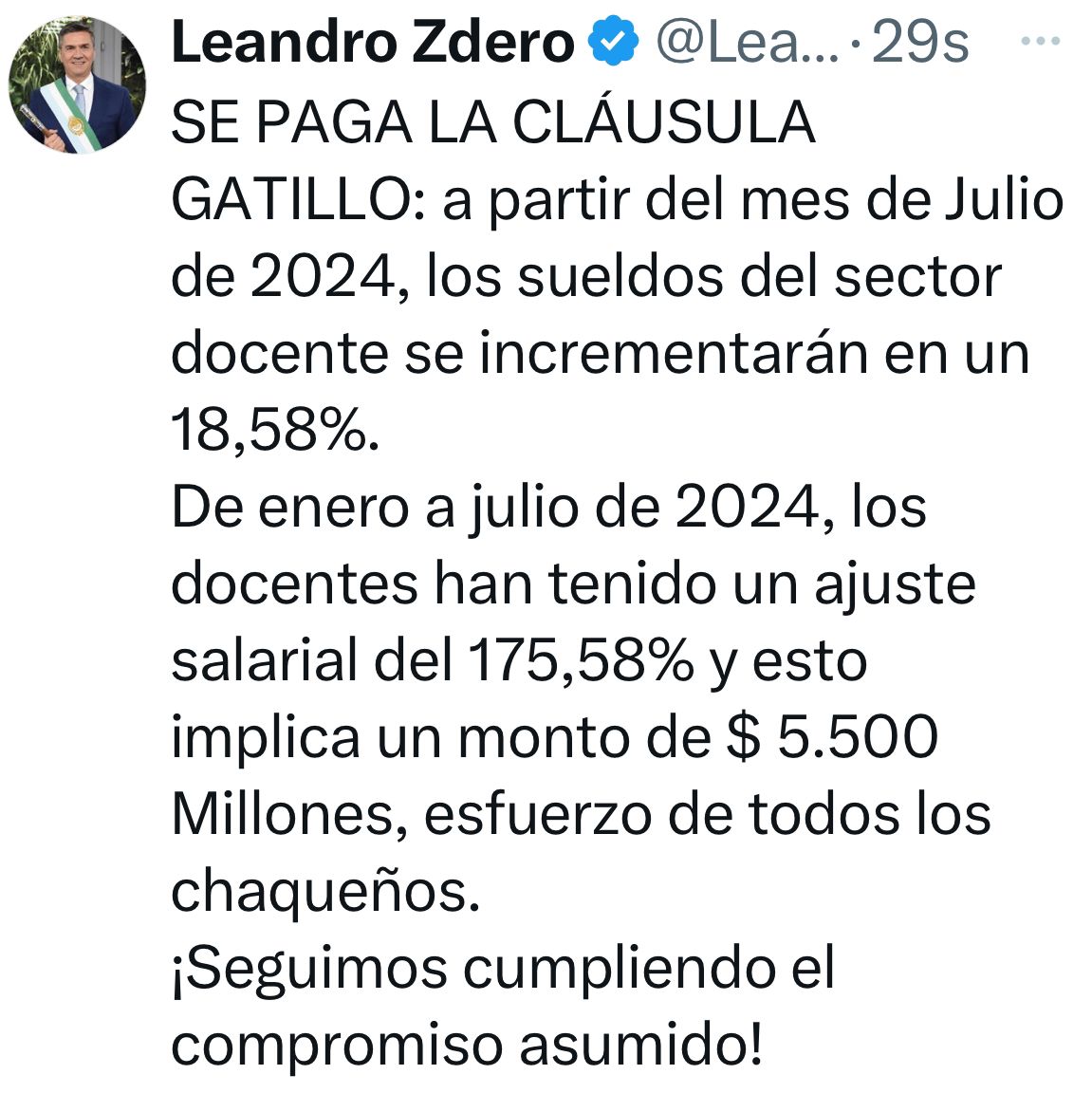 *EL GOBERNADOR ZDERO ANUNCIÓ EL PAGO DE LA CLÁUSULA GATILLO*