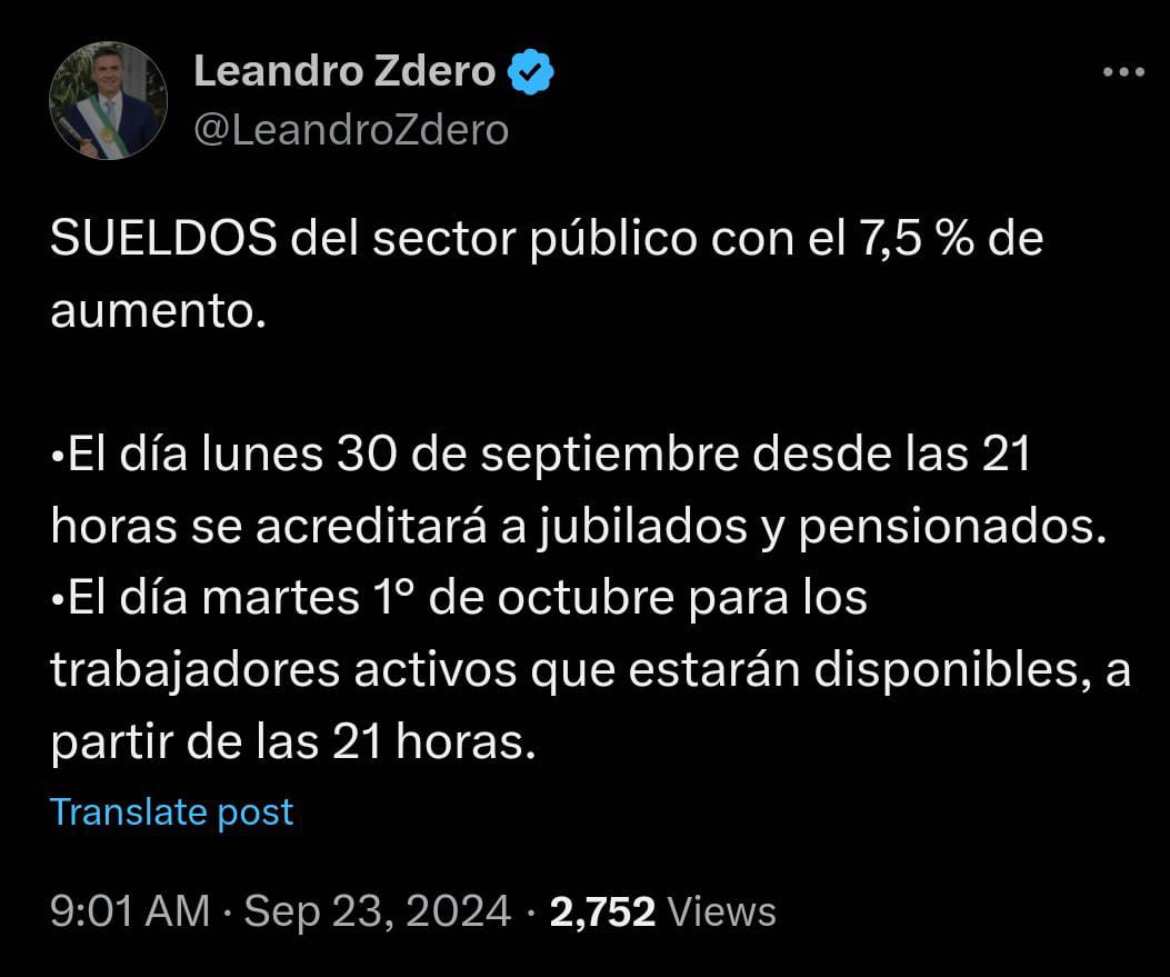 *EL GOBERNADOR ZDERO ANUNCIÓ EL PAGO DE SUELDOS CON EL INCREMENTO DEL 7,5% PARA LA ADMINISTRACIÓN PÚBLICA*