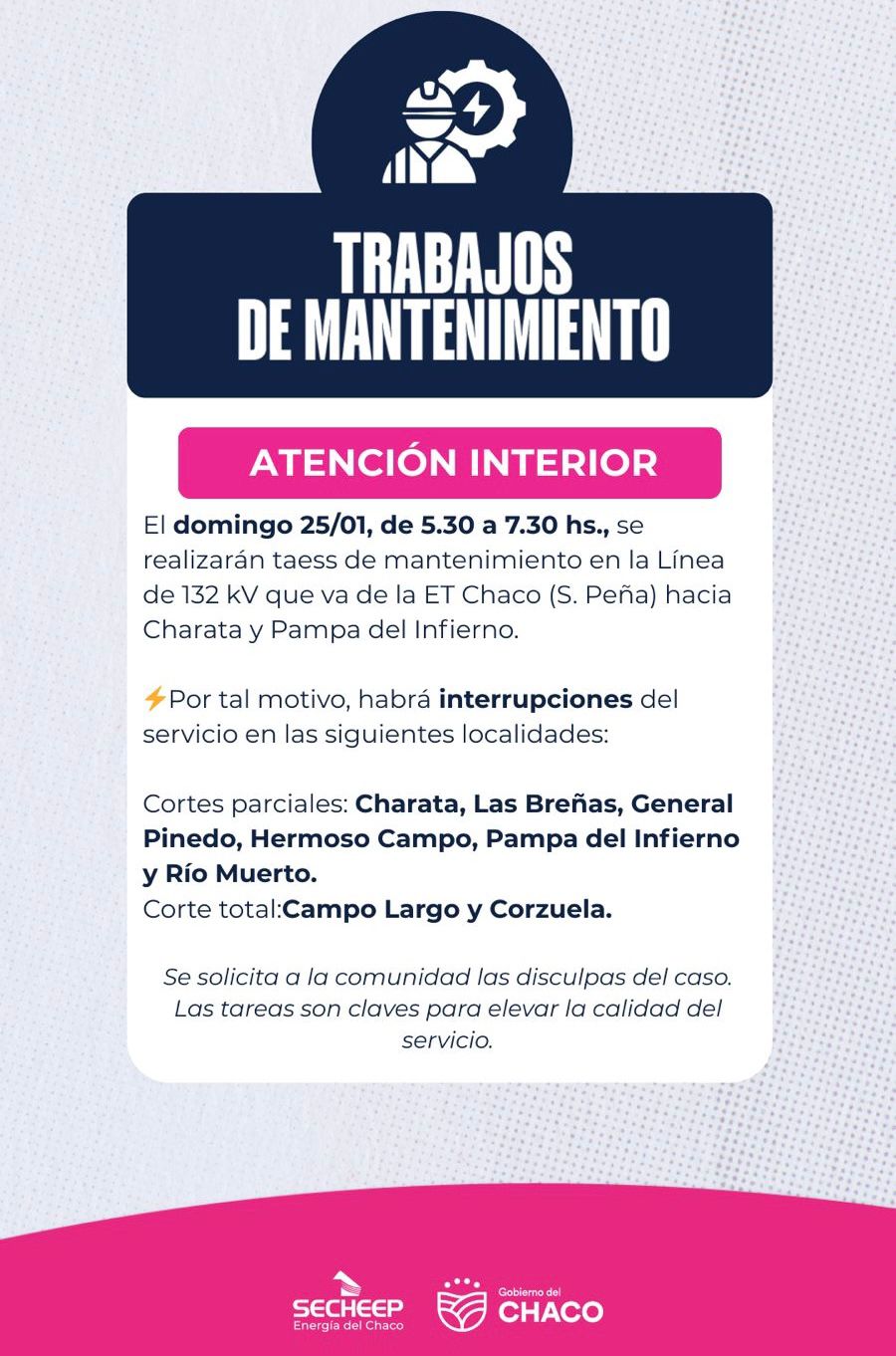 *ESTE DOMINGO: SECHEEP REALIZAR&Aacute; TRABAJOS DE MANTENIMIENTO EN L&Iacute;NEA DE ALTA TENSI&Oacute;N*